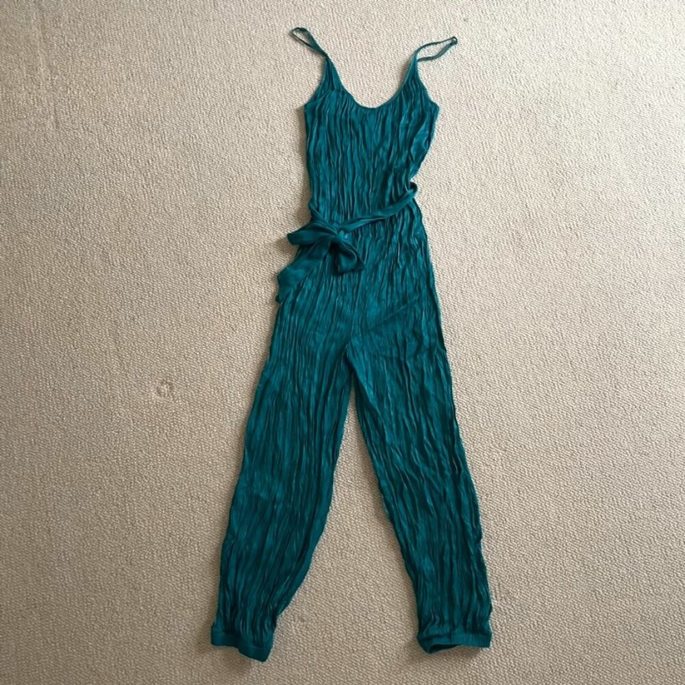 Anthropologie teal/turquoise satin jumpsuit with sash M